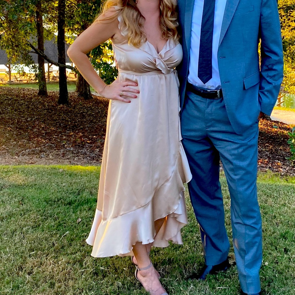 Show Me Your MuMu Samantha Ruffle Wrap Dress in Champagne Satin - Size 4